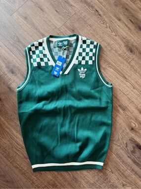 adidas Dark Green Knit Checkerboard Vest with Cream Trim